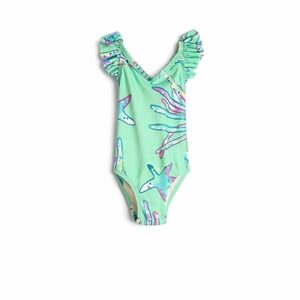 Tea Collection Girls Ruffle One Piece Swimsuit Sea Life Print Mint 2T NWT